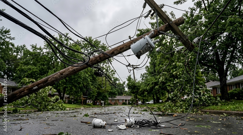 Obraz premium Storm damaged electric transformer and utility pole with downed wires