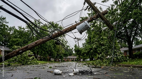 Storm damaged electric transformer and utility pole with downed wires