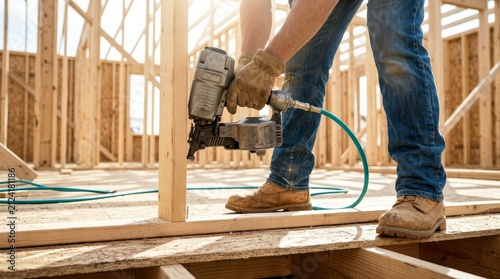 Construction worker using a pneumatic nail gun to frame a new house.