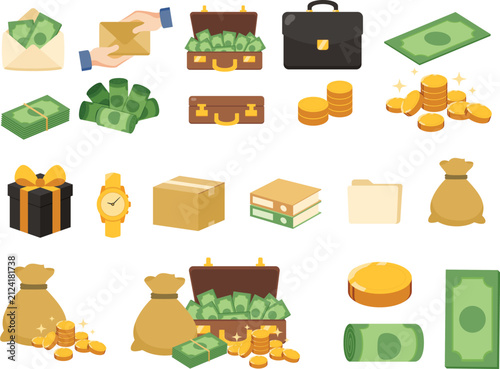 Set of Finance and Wealth Icons with Money Bags Briefcases and Cash