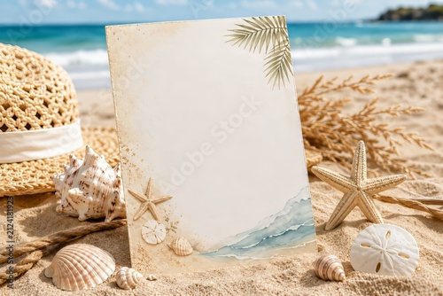 Tarjeta playera con conchas y palmeras