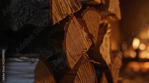 Fireplace firewood stack burning indoors 4K Video