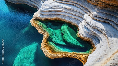 Stunning aerial view of layered rock formations by turquoise water, showcasing nature's beauty and intricate designs. Perfect for nature enthusiasts and landscape photography lovers.