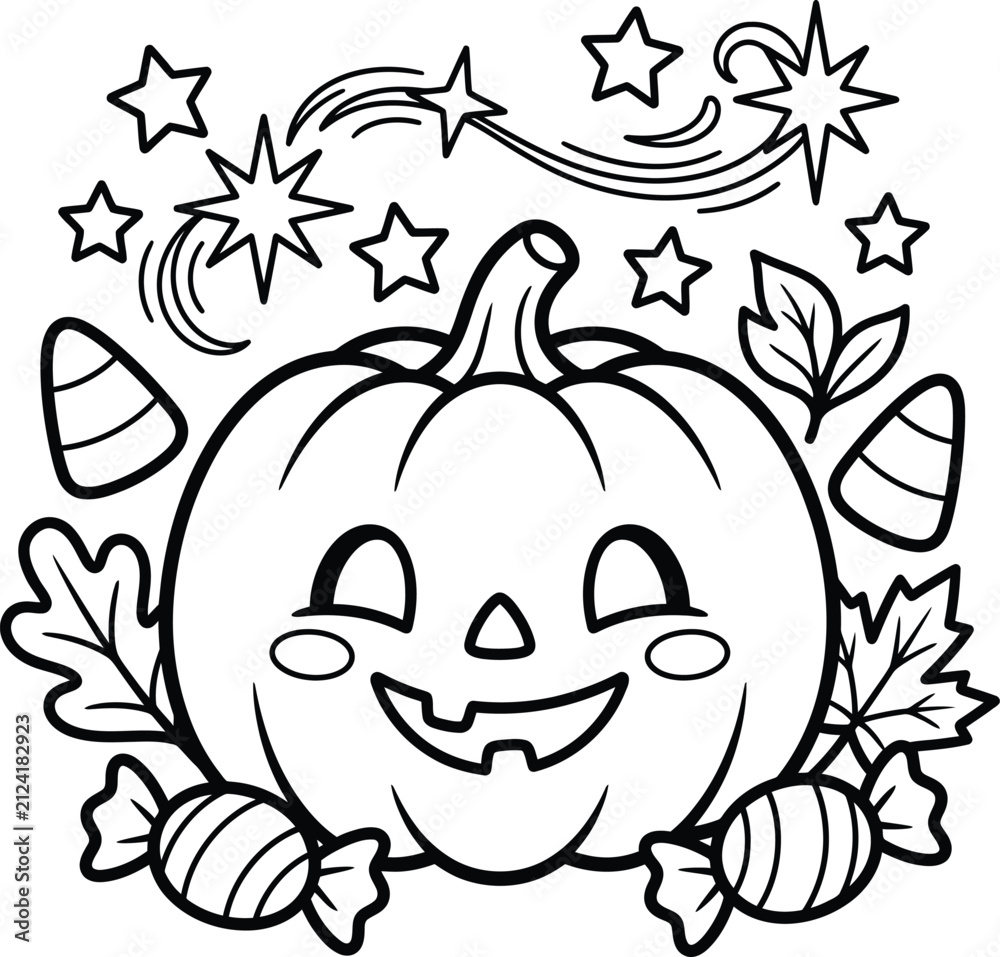 Obraz premium Cute halloween pumpkin coloring page with stars, candy corn, leaves, and sweet treats line graphic.