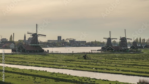 Dutch Windmill time lapse at Zaanse Schans Village, Netherlands