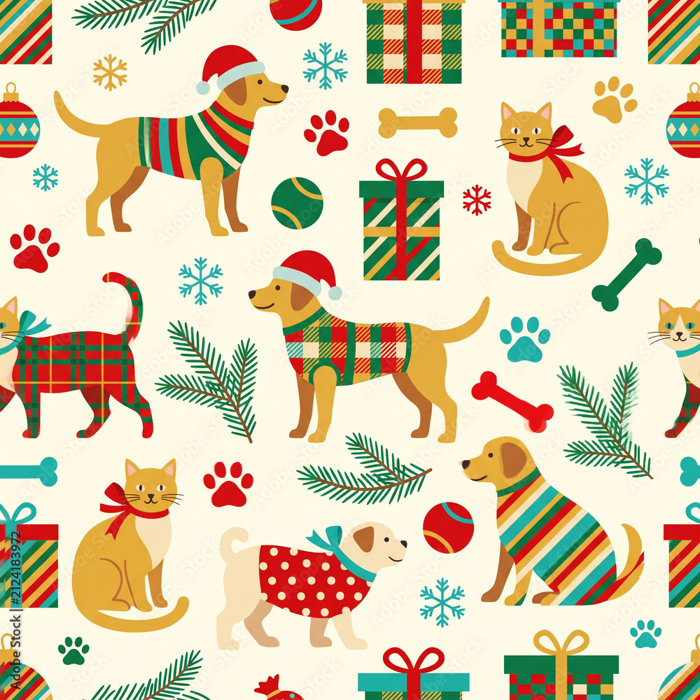Naklejka premium Festive Canine and Feline Companions: A charming holiday pattern featuring happy dogs and cats adorned in festive sweaters and Santa hats, surrounded by paw prints, snowflakes, gift boxes.