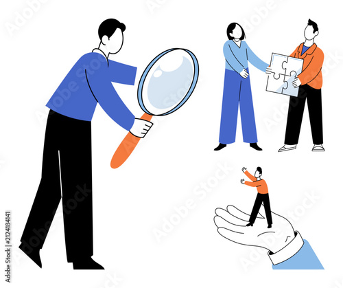 People working together and analyzing data vector illustration. Teamwork, problem solving, business strategy, management, cooperation, professional development. Colleagues collaborating on tasks