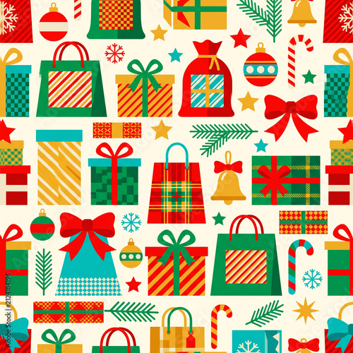 Christmas Gift Wrapping Pattern: A festive and vibrant seamless pattern filled with colorful Christmas gifts, bows, ornaments, candy canes, and pine branches, evoking the spirit of holiday cheer.