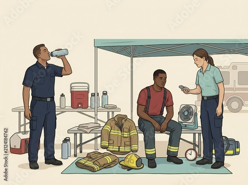 Emergency Responders Taking a Hydration Break and Medical Check During Heat Rehabilitation