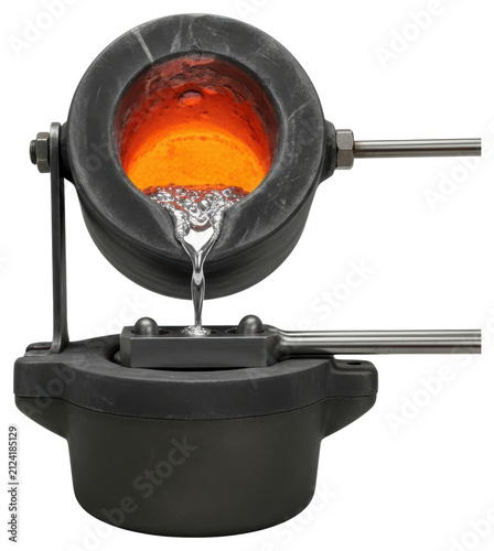 Industrial crucible pouring liquid molten metal cutout on transparent background