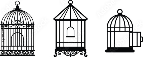 Obraz na płótnie Decorative Vintage Birdcage Silhouette Icon Set with Ornate Wire Enclosures and