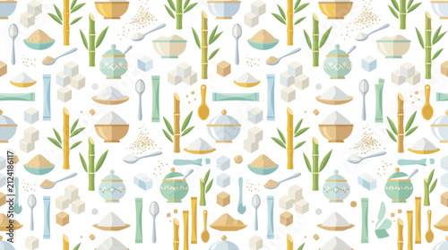 Foto Seamless pattern featuring sugar bowls and sugarcane stalks.