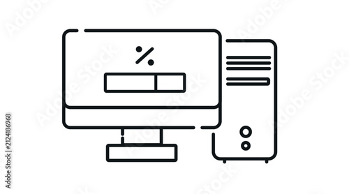 Desktop computer tower and monitor with percentage and update loading bar on screen vector icon. Black line art style on white background. 