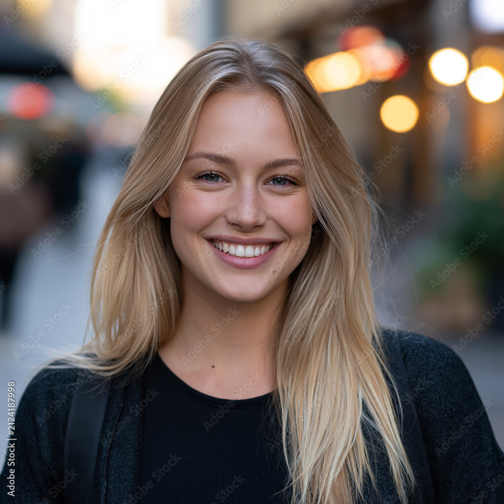 Obraz premium young blonde businesswoman smiling outdoors in modern city, cheerful professional blonde woman with elegant urban style, confident young blonde woman with clean polished look in city
