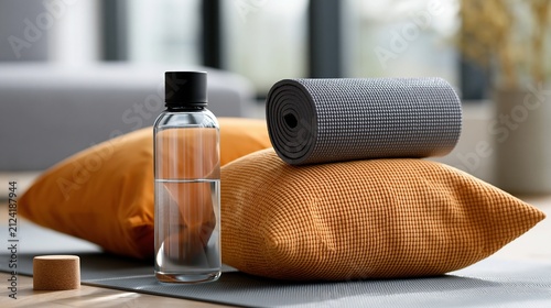Yoga Essentials: Water Bottle and Cushions for Relaxation