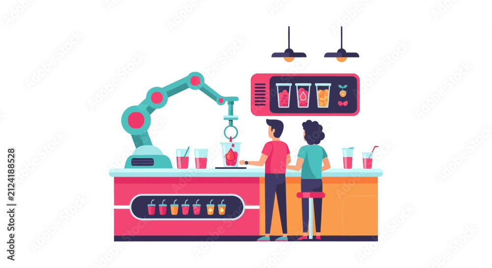 Fototapeta premium Automated Robotic Juice Bar with Customers, Futuristic Smart Cafe Illustration of AI Beverage Service Technology