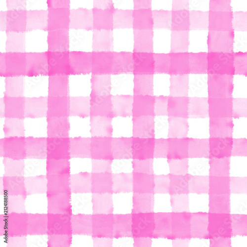 Watercolor Pink and White Gingham Checkered Seamless Background