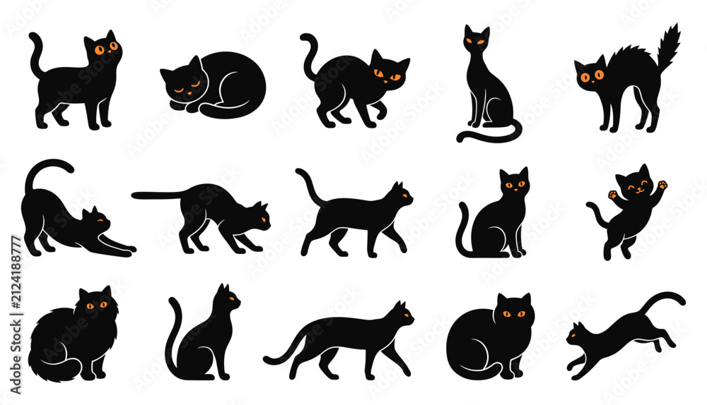 Obraz premium Set of silhouettes featuring a black cat halloween vector collection with various poses for holiday design projects