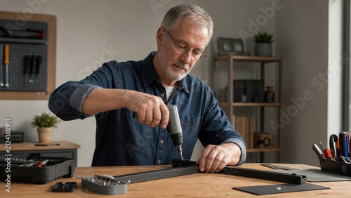 Senior Man Assembling Furniture with Electric Screwdriver in Modern Workshop Setting