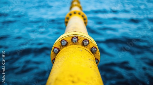 Close up view of a bright yellow underwater cable or pipeline submerged in deep blue ocean waters, showcasing the intricate design and functionality of marine technology.