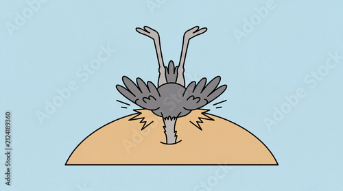 A cartoon ostrich burying its head in the sand with its legs and wings sticking up. Simple vector illustration.