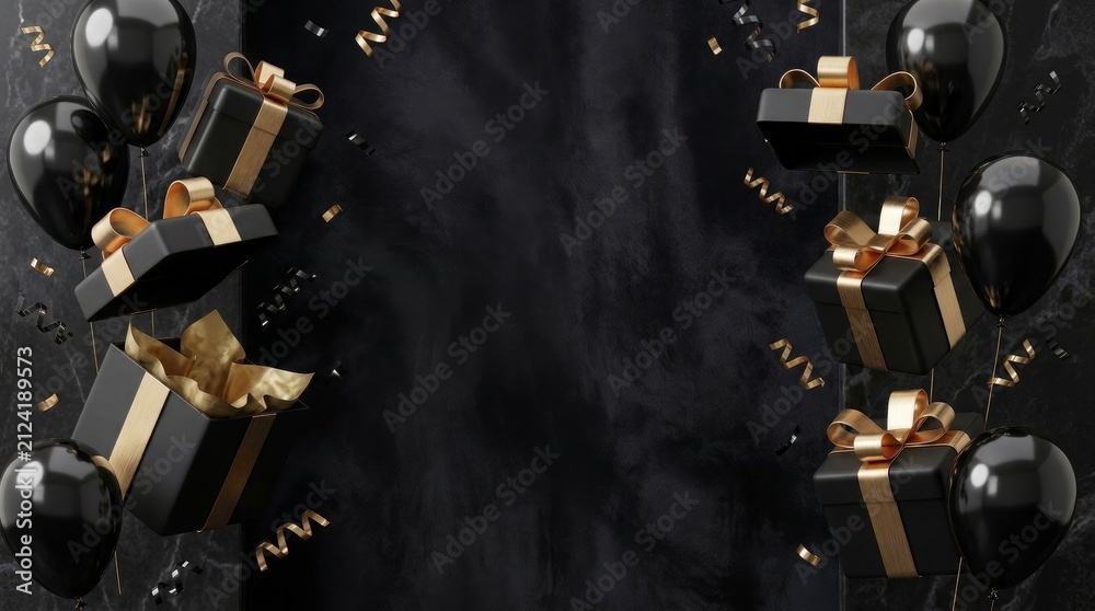 Obraz premium Elegant black gift boxes and shiny balloons floating against a dark marble texture background