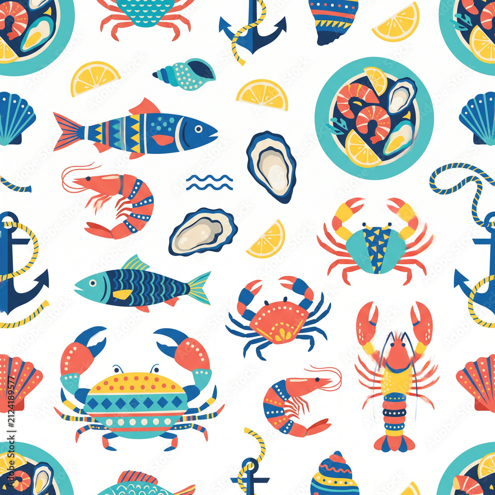 Obraz premium Seafood Fiesta Pattern: A vibrant and playful collection of stylized seafood illustrations, including crabs, lobsters, shrimp, fish, and oysters.