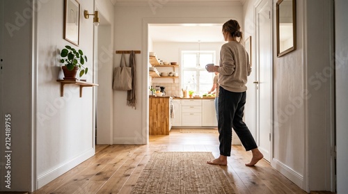 Woman walking through a bright home hallway carrying a coffee mug