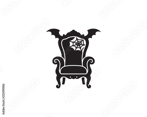 Black gothic throne chair silhouette with vampire bat wings and spider web for halloween