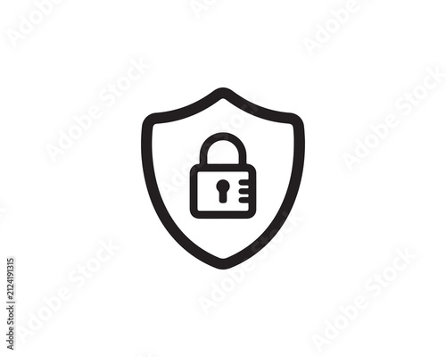 Black outline shield icon with a padlock inside representing digital security and data protection