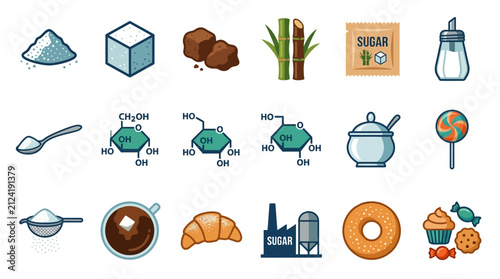 фотографія Sugar and sweetening production icons including cane and cubes.
