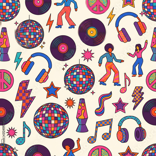 Disco Fever Retro Pattern: A vibrant and energetic pattern reminiscent of the disco era, featuring dancing figures, vinyl records, disco balls, headphones, peace signs, lightning bolts, musical notes.
