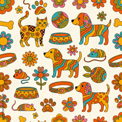 Whimsical Pet Pattern: A vibrant and colorful illustration features playful cats, dogs, mice, and pet accessories in a charming, retro-inspired design.