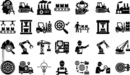 Industrial manufacturing and factory worker icon set with engineering machinery symbols vector illustration pack