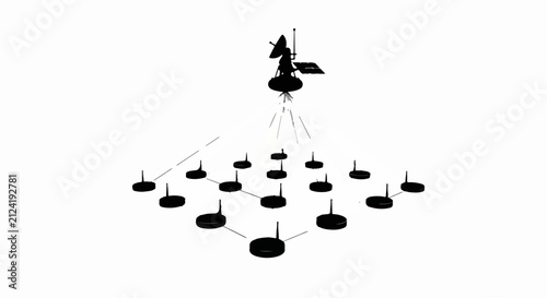 Central satellite transmitting data to a network of ground devices, illustrating communication and connectivity.