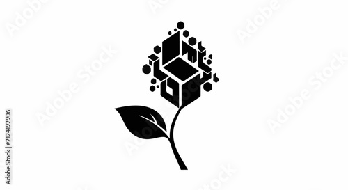 Abstract digital flower with geometric petals and blooming circles, symbolizing growth and technology.