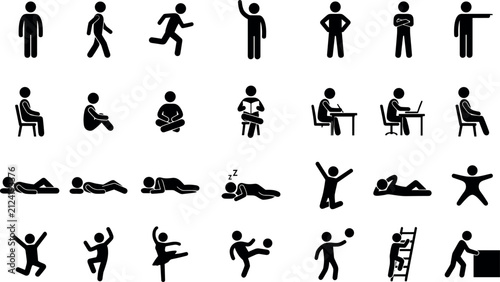 Stick figure human action black silhouette icon set featuring various life activities and movementsStick figure human action black silhouette icon set featuring various life activities and movements