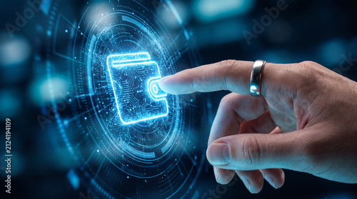 A hand touches a glowing digital wallet icon on a futuristic interface, symbolizing online payments and digital finance.