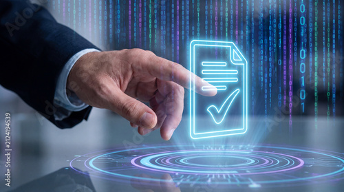 A person's hand touches a glowing digital document icon with a checkmark, overlaid on a binary code background.