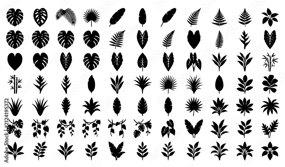 Obraz premium Minimal Tropical Leaf Silhouettes Vector Collection Black Botanical Foliage Icons