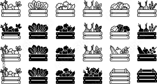 Fresh organic vegetables in wooden crates vector icon set featuring linear outline and solid black silhouette designs of farm harvest baskets for grocery market branding