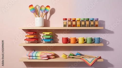 Colorful kitchen utensils and food containers organized on wooden shelves. rainbow kitchen essentials