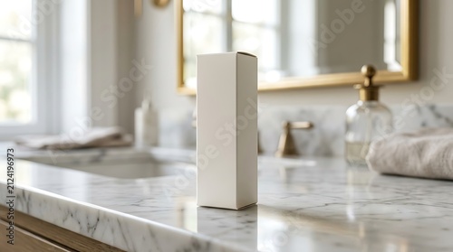 Blank white cosmetic box packaging standing on a luxury marble bathroom counter. lipstick box ideas
