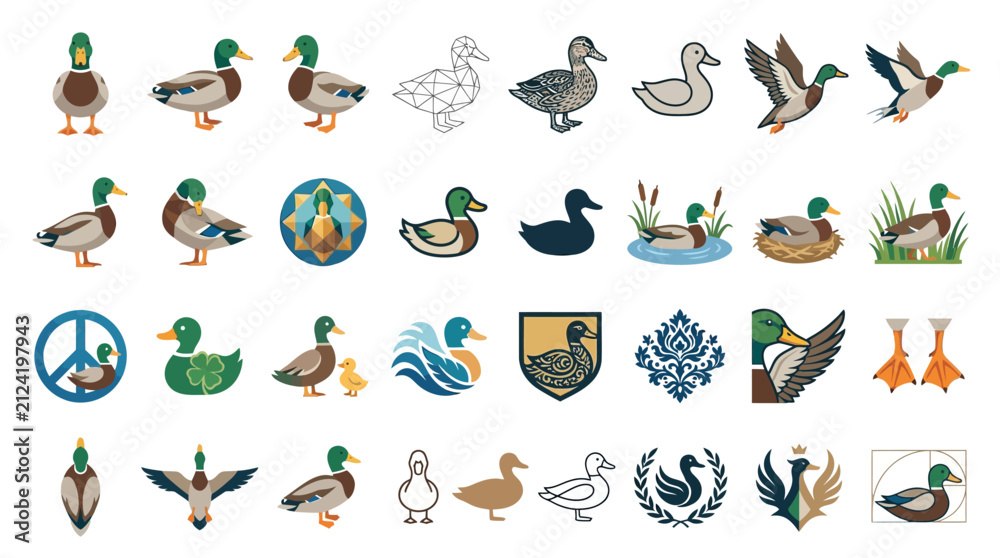 Obraz premium Collection of assorted duck logos and emblems.