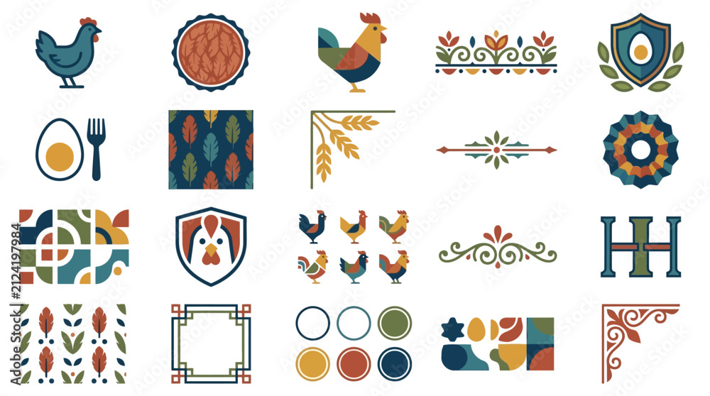 Fototapeta premium Folk art style poultry motifs and decorative border elements.