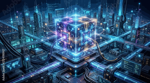 Futuristic Cube with Neon Lights and Circuitry.