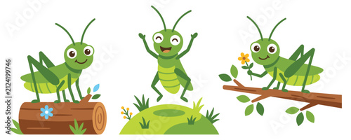 Принти на полотні Three cute green grasshoppers in nature settings cartoon character