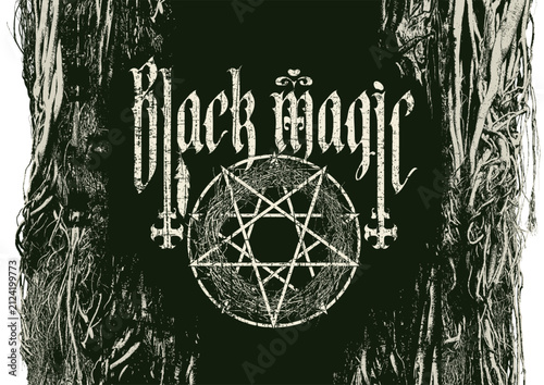 Cuadro en lienzo A hand-drawn banner featuring a pentagram, inverted crosses and the words Black Magic in Gothic font on a wood background
