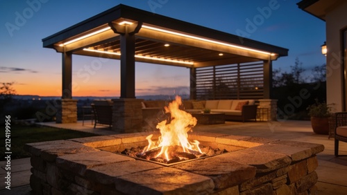 Outdoor stone fire pit and pergola at sunset with backyard relaxation architecture