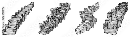 Stone staircase steps and ancient winding paths in perspective sketch style